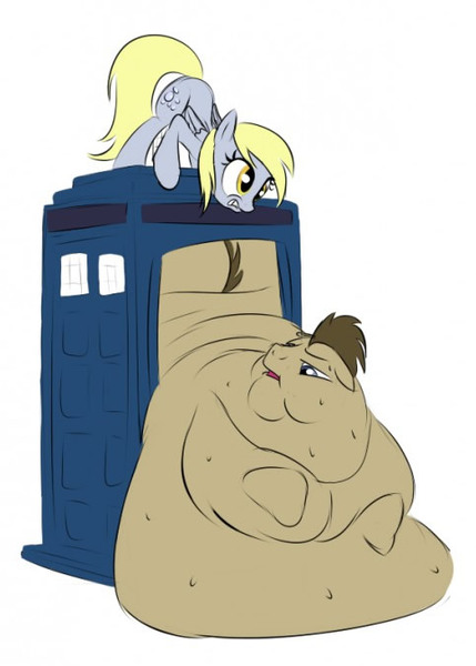 Size: 482x674 | Tagged: questionable, artist:calorie, derpibooru import, derpy hooves, doctor whooves, time turner, pegasus, pony, bhm, fat, female, impossibly large everything, mare, morbidly obese, obese, tardis, weight gain