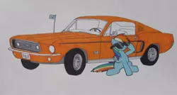 Size: 850x454 | Tagged: artist:patridam, car, deal with it, derpibooru import, ford, ford mustang, mustang, rainbow dash, safe, sitting, solo, traditional art