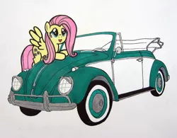 Size: 960x748 | Tagged: artist:patridam, car, convertible, derpibooru import, fluttershy, safe, solo, traditional art, volkswagen, volkswagen beetle