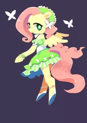 Size: 2480x3507 | Tagged: safe, artist:scorpiyo, derpibooru import, fluttershy, butterfly, pony, bipedal, clothes, cute, dark background, dress, pixiv, shyabetes, solo
