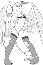 Size: 1200x1800 | Tagged: artist needed, suggestive, derpibooru import, gilda, anthro, gryphon, bottomless, bracelet, clothes, drawfag, drawthread, female, looking at you, middle finger, monochrome, pantera, panties, panties around leg, ripped stockings, shirt pull, solo, solo female, spikes, stockings, underwear, vulgar