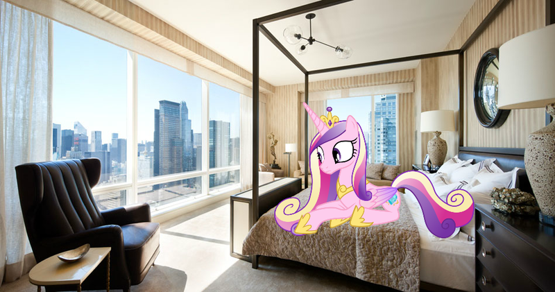 Size: 949x500 | Tagged: artist:princess cadance, bed, bedroom, chair, city, cityscape, derpibooru import, irl, manehattan, photo, ponies in real life, princess cadance, safe, solo