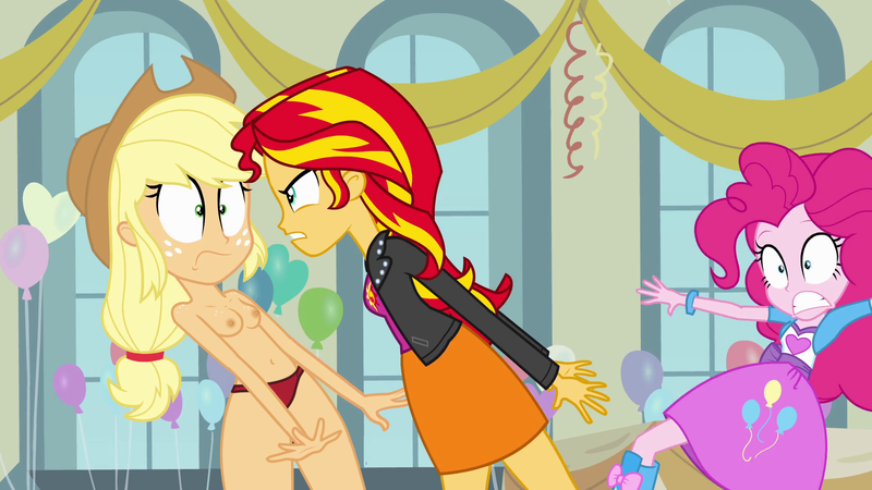 Size: 1920x1080 | Tagged: questionable, derpibooru import, edit, edited edit, edited screencap, editor:slayerbvc, screencap, applejack, pinkie pie, sunset shimmer, human, equestria girls, angry, balloon, belly button, breast edit, breasts, clothes, confrontation, cowboy hat, female, freckles, gritted teeth, hat, heart balloon, nipples, nude edit, nudity, panties, partial nudity edit, skirt, thigh highs, topless, topless edit, underwear, underwear edit, window