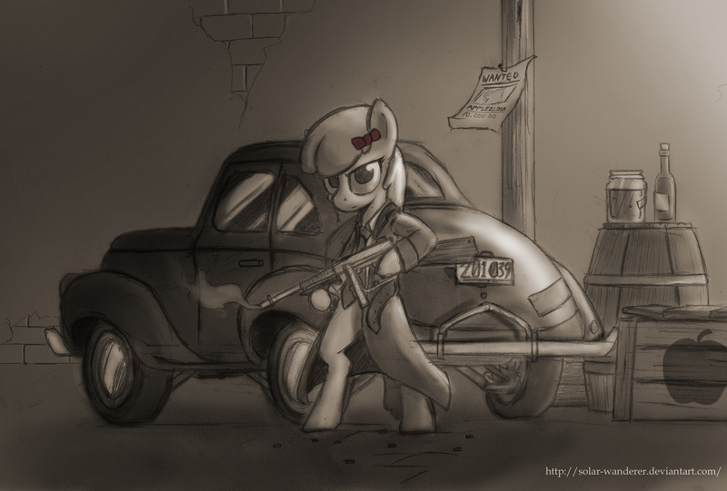 Size: 2408x1628 | Tagged: safe, artist:php49, derpibooru import, apple bloom, pony, bipedal, car, clothes, gun, image, jpeg, solo, submachine gun, thompson submachine gun, weapon