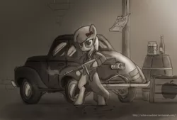 Size: 2408x1628 | Tagged: safe, artist:php49, derpibooru import, apple bloom, pony, bipedal, car, clothes, gun, solo, tommy gun, weapon