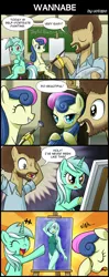 Size: 800x2020 | Tagged: safe, artist:uotapo, derpibooru import, bon bon, lyra heartstrings, sweetie drops, ponified, pony, equestria girls, adorabon, art, bob ross, bon bon is not amused, canvas, clothes, comic, cute, engrish, eyes closed, female, humie, irrational exuberance, leotard, lyra is amused, lyrabetes, male, mare, one-piece swimsuit, paint, smiling, speech bubble, stallion, swimsuit, that pony sure does love humans, trio