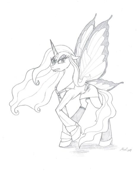 Size: 1116x1448 | Tagged: safe, artist:tehmangabrony, derpibooru import, queen chrysalis, alicorn, pony, suited for success, angry, black and white, blazer, butterfly wings, clothes, dress, ethereal mane, fangs, frown, glare, grayscale, gritted teeth, high heels, looking at you, monochrome, raised hoof, shadow, skirt, solo, stockings, suit, traditional art