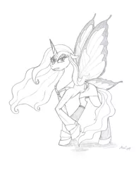 Size: 1116x1448 | Tagged: safe, artist:tehmangabrony, derpibooru import, queen chrysalis, alicorn, pony, suited for success, angry, black and white, blazer, butterfly wings, clothes, dress, ethereal mane, fangs, frown, glare, grayscale, gritted teeth, high heels, looking at you, monochrome, raised hoof, shadow, skirt, solo, stockings, suit, traditional art