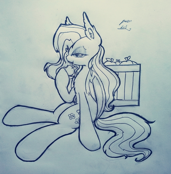 Size: 1204x1224 | Tagged: apple, artist:pw211, derpibooru import, flutterbat, fluttershy, monochrome, safe, solo, traditional art