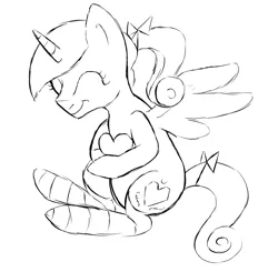 Size: 991x971 | Tagged: artist:aaron amethyst, clothes, cute, derpibooru import, eyes closed, heart, hug, lineart, monochrome, pillow, princess cadance, safe, sitting, smiling, socks, solo, spread wings, striped socks, :t, teenager, teen princess cadance