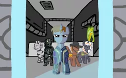 Size: 760x475 | Tagged: safe, artist:workingorder, derpibooru import, oc, oc:calamity, oc:littlepip, oc:pyrelight, oc:steelhooves, oc:velvet remedy, oc:xenith, unofficial characters only, balefire phoenix, earth pony, pegasus, phoenix, pony, unicorn, zebra, fallout equestria, fanfic, applejack's rangers, armor, battle saddle, clothes, dashite, eyes closed, fanfic art, female, fluttershy medical saddlebag, gun, hat, hooves, horn, looking at you, male, mare, medical saddlebag, pipbuck, pose as a team 'cause shit just got real, power armor, rifle, saddle bag, smiling, spread wings, stallion, steel ranger, vault suit, weapon, wings