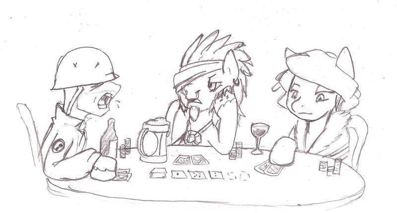 Size: 2195x1176 | Tagged: beer, beer stein, bristleback, derpibooru import, dota, dota 2, monochrome, poker, ponified, red (transistor), safe, soldier, team fortress 2, transistor, wine