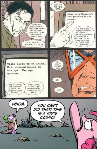 Size: 374x571 | Tagged: animal man, artist:andypriceart, artist:charles truog, comic, computer, cosmic awareness, derpibooru import, deus ex machina, edit, fourth wall, grant morrison, idw, meta, pinkie pie, safe, spike, spoiler:comic, spoilers for another series, this is a kid's comic, untranslatable scottish accent man