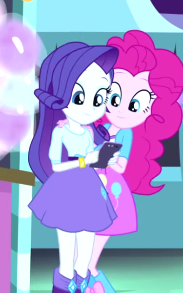 Size: 434x695 | Tagged: safe, derpibooru import, pinkie pie, rarity, equestria girls, cute, female, hug, lesbian, raribetes, raripie, shipping, smiling, tablet