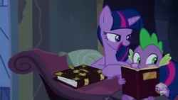 Size: 640x360 | Tagged: safe, derpibooru import, edit, edited screencap, screencap, spike, twilight sparkle, alicorn, pony, castle mane-ia, blush sticker, blushing, book, exploitable, exploitable meme, hub logo, meme, spike blushing at a book meme, template, twilight's bad pickup lines, wingless edit