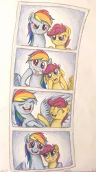 Size: 669x1195 | Tagged: artist:thefriendlyelephant, colored pencil drawing, derp face, derpibooru import, duo, filly, funny faces, happy, hilarious, laughing, photo booth, pictures, rainbow dash, safe, scootaloo, scootalove, smiling, traditional art, winghug, wings