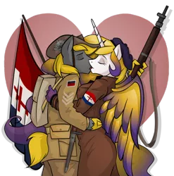 Size: 888x900 | Tagged: alicorn, alicorn oc, anthro, anzac, artist:wolfjedisamuel, australia, bayonet, colored wings, derpibooru import, eclast, female, flag, french, french underground, gradient wings, gun, heart, kissing, male, military, multicolored wings, oc, oc:princess eclipse, oc:steadfast, oc x oc, rifle, safe, straight, unofficial characters only, weapon, wings, world war ii