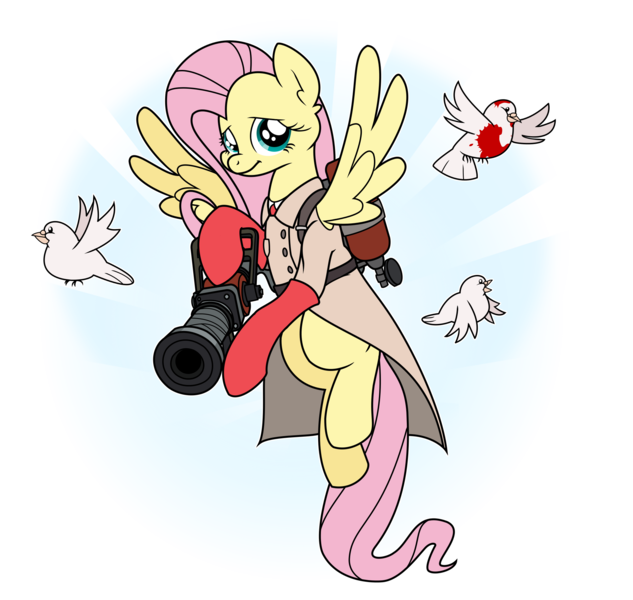 Size: 2292x2171 | Tagged: artist:idontknow350, clothes, coat, crossover, derpibooru import, fluttermedic, fluttershy, gloves, medic, pigeon, safe, simple background, smiling, solo, spread wings, team fortress 2, transparent background