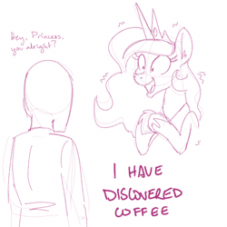 Size: 700x700 | Tagged: safe, artist:goat train, deleted from derpibooru, derpibooru import, princess celestia, oc, oc:anon, human, pony, animated, caffeine, coffee, cute, cutelestia, female, hoof hold, hyperactive, hypercaffinated, mare, monochrome, open mouth, shaking, shrunken pupils, sketch, smiling, vibrating, wide eyes, xk-class end-of-the-world scenario