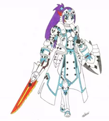 Size: 605x668 | Tagged: armor, artist:tvensnake, crossover, derpibooru import, human, humanized, lance, monster hunter, rarity, safe, shield, solo, traditional art, weapon