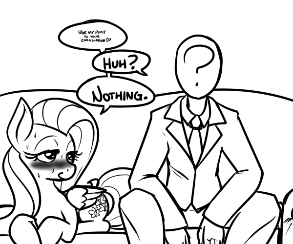 Size: 600x500 | Tagged: dead source, questionable, artist:reiduran, derpibooru import, fluttershy, oc, oc:anon, human, pegasus, pony, bedroom eyes, blushing, clothes, couch, estrus, eyes on the prize, female, human male, imminent sex, male, mare, monochrome, prone, sitting, smiling, stupid sexy anon, sweat, unheard, vulgar