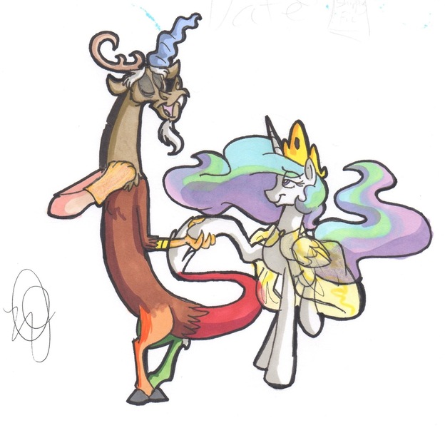 Size: 1280x1231 | Tagged: safe, artist:frankilew, derpibooru import, discord, princess celestia, dislestia, female, male, shipping, straight, traditional art