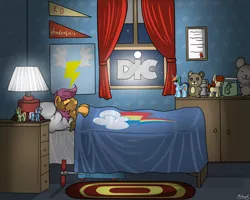 Size: 2500x2000 | Tagged: artist:malamol, bed, closing logo, derpibooru import, dic, hilarious in hindsight, logo, logo parody, night, nostalgia, plushie, poster, rainbow dash, safe, scootaloo, scooter, sleeping, toy, twist