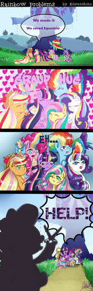 Size: 800x2500 | Tagged: safe, artist:kitsunehino, derpibooru import, applejack, fluttershy, pinkie pie, rainbow dash, rarity, spike, twilight sparkle, twilight sparkle (alicorn), alicorn, pony, comic, female, hue, mane seven, mane six, mare, rainbow power, scissors, tangled up