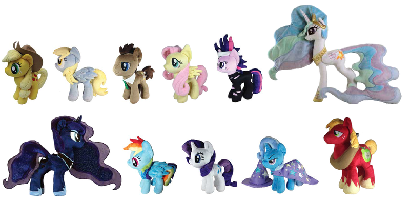 Size: 1555x784 | Tagged: safe, derpibooru import, applejack, big macintosh, derpy hooves, doctor whooves, fluttershy, princess celestia, princess luna, rainbow dash, rarity, time turner, trixie, twilight sparkle, earth pony, pony, 4de, irl, male, photo, plushie, stallion, twilight sparkle plushie