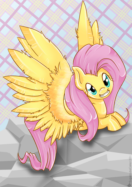 Size: 1748x2480 | Tagged: artist:sugarcubecake, derpibooru import, fluttershy, safe, smiling, solo, spread wings