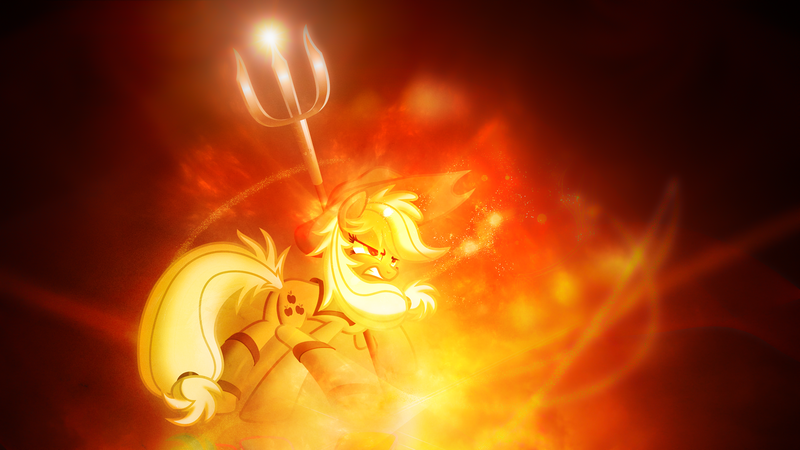 Size: 1920x1080 | Tagged: safe, artist:lugiponi, artist:ratchethun, derpibooru import, applejack, earth pony, pony, fire, lens flare, solo, trident, vector, wallpaper, warrior