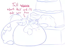 Size: 500x362 | Tagged: artist:graphenescloset, cake, derpibooru import, dialogue, fat, female, implied vore, messy, morbidly obese, obese, rainblob dash, rainbow dash, solo, solo female, stuffing, suggestive