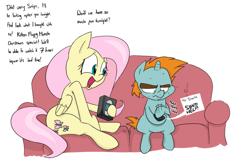 Size: 926x640 | Tagged: artist:shoutingisfun, babysitting, fluttershy, phone, pure unfiltered evil, safe, snips, texting, vhs, video