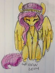 Size: 836x1105 | Tagged: artist:grayflower, derpibooru import, eyes closed, fluttershy, lined paper, necklace, safe, sitting, solo, traditional art, wreath