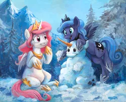 Size: 993x797 | Tagged: safe, artist:kenket, artist:spainfischer, derpibooru import, princess celestia, princess luna, alicorn, pony, acrylic painting, carrot, cewestia, cute, cutelestia, daaaaaaaaaaaw, female, filly, frozen (movie), lunabetes, mare, smiling, snow, snowpony, traditional art, woona, younger