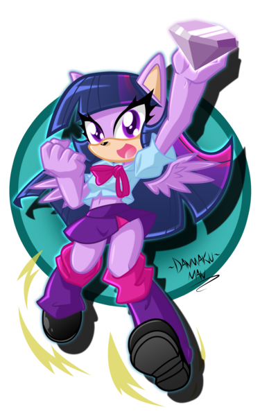 Size: 1500x2400 | Tagged: safe, artist:danmakuman, derpibooru import, twilight sparkle, anthro, plantigrade anthro, equestria girls, belly button, chaos emerald, clothes, crossover, midriff, simple background, skirt, solo, sonic the hedgehog (series), sonicified, transparent background