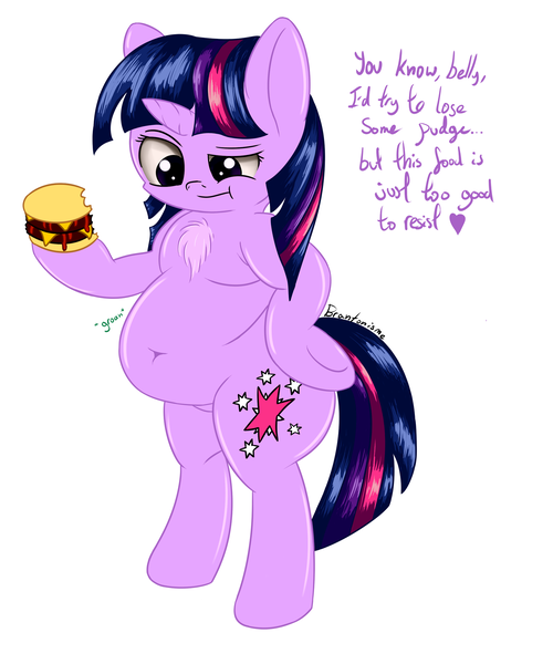 Size: 1600x1920 | Tagged: safe, artist:php33, derpibooru import, twilight sparkle, semi-anthro, belly button, chest fluff, chubby, chubby twilight, eating, fat, omnivore twilight, solo, that pony sure does love burgers, twilard sparkle, twilight burgkle, weight gain