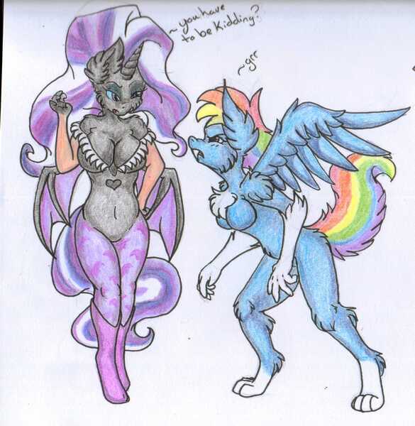 Size: 1842x1890 | Tagged: anthro, artist:nekotigerfire, barbie doll anatomy, breasts, busty rainbow dash, darkstalkers, derpibooru import, female, jon talbain, morrigan aensland, nightmare rarity, questionable, rainbow dash, species swap, traditional art