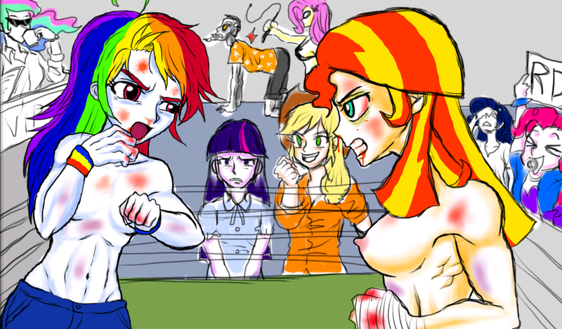 Size: 1024x600 | Tagged: dead source, questionable, artist:asdf314159265, derpibooru import, applejack, discord, fluttershy, pinkie pie, princess celestia, rainbow dash, rarity, sunset shimmer, twilight sparkle, equestria girls, bare knuckle, belly button, boxing, boxing ring, breasts, bruised, clothes, discoshy, dominatrix, female, femdom, fight, flutterdom, foxy boxing, humane seven, humanized, jeans, male, malesub, mane six, nipples, shipping, straight, submissive, topless