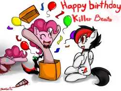 Size: 1600x1200 | Tagged: semi-grimdark, artist:blazehart96, derpibooru import, pinkie pie, oc, oc:killer beats, blood, corpse, death, decapitated, self harm, severed head