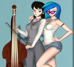 Size: 732x669 | Tagged: 3d, artist:parsnip3d, breasts, busty octavia, busty vinyl scratch, cello, clothes, daisy dukes, derpibooru import, duo, duo female, erect nipples, female, females only, human, humanized, musical instrument, nail polish, nipple outline, octavia melody, one eye closed, poser, suggestive, tattoo, vinyl scratch, wink