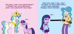 Size: 1300x600 | Tagged: safe, artist:hellarmy, derpibooru import, princess celestia, twilight sparkle, twilight sparkle (alicorn), equestria girls, rainbow rocks, abuse, angry, floppy ears, frown, glare, gritted teeth, gun, lip bite, principal celestia, punishment, sad, shotgun, trollestia, twilybuse, weapon