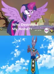 Size: 425x586 | Tagged: safe, derpibooru import, twilight sparkle, twilight sparkle (alicorn), alicorn, pony, beerus, dragon ball z, exploitable meme, female, hub logo, mare, meme, this will end in hakai, this will end in tears and/or death, who destroyed twilight's home