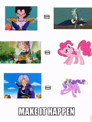 Size: 720x960 | Tagged: bulma, comparison chart, derpibooru import, discord, dragon ball z, exploitable meme, future trunks, image macro, make it happen, meme, mirai trunks, pinkie pie, safe, screwball, trunks, vegeta