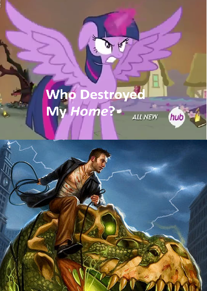 Size: 428x600 | Tagged: semi-grimdark, derpibooru import, twilight sparkle, twilight sparkle (alicorn), alicorn, dinosaur, pony, tyrannosaurus rex, zombie, blood, dresden files, exploitable meme, female, harry dresden, hub logo, mare, meme, sue, who destroyed twilight's home