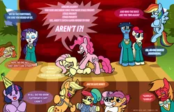 Size: 1236x800 | Tagged: safe, artist:ladyanidraws, derpibooru import, apple bloom, applejack, big macintosh, fluttershy, pinkie pie, rainbow dash, rarity, scootaloo, sweetie belle, toe-tapper, torch song, twilight sparkle, twilight sparkle (alicorn), oc, oc:penny rich, alicorn, pony, .mov, shed.mov, filli vanilli, somepony to watch over me, crying, cutie mark crusaders, dialogue, drama, female, flanderization, mare, pinkie drama, pony.mov, ponytones, ponytones outfit, scene parody, stage, stay out of my shed