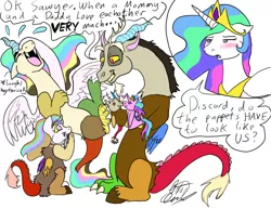 Size: 966x745 | Tagged: safe, artist:tatta-kasame, derpibooru import, discord, princess celestia, oc, oc:harmonus, oc:sawyer, hybrid, blushing, dislestia, female, interspecies offspring, laughing, male, next generation, offspring, parent:discord, parent:princess celestia, parents:dislestia, puppet, sex education, shipping, straight