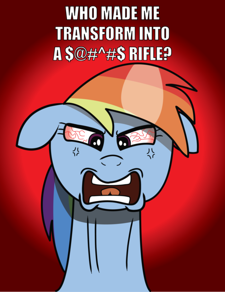 Size: 2550x3303 | Tagged: safe, artist:saburodaimando, derpibooru import, rainbow dash, pony, angry, bloodshot eyes, censored, censored vulgarity, female, floppy ears, glare, grawlixes, mare, meta, open mouth, rage, rainbow dash turning into an assault rifle, solo, swearing, this will end in tears, transformers, transformers: age of extinction, wide eyes