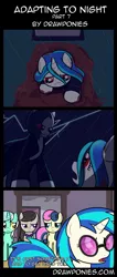 Size: 583x1371 | Tagged: safe, artist:drawponies, artist:terminuslucis, derpibooru import, bon bon, lyra heartstrings, octavia melody, sweetie drops, vinyl scratch, earth pony, pony, undead, unicorn, vampire, vampony, comic:adapting to night, comic, fangs, lightning, melody song, vinyl the vampire