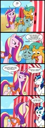 Size: 713x2000 | Tagged: safe, artist:madmax, derpibooru import, princess cadance, shining armor, snails, snips, alicorn, pony, unicorn, beach, clothed female nude male, clothes, comic, female, male, mare, meme origin, one eye closed, one-piece swimsuit, open mouth, peeping, shining armor is a goddamn moron, smiling, snips and snails spying meme, stallion, swimsuit, we don't normally wear clothes
